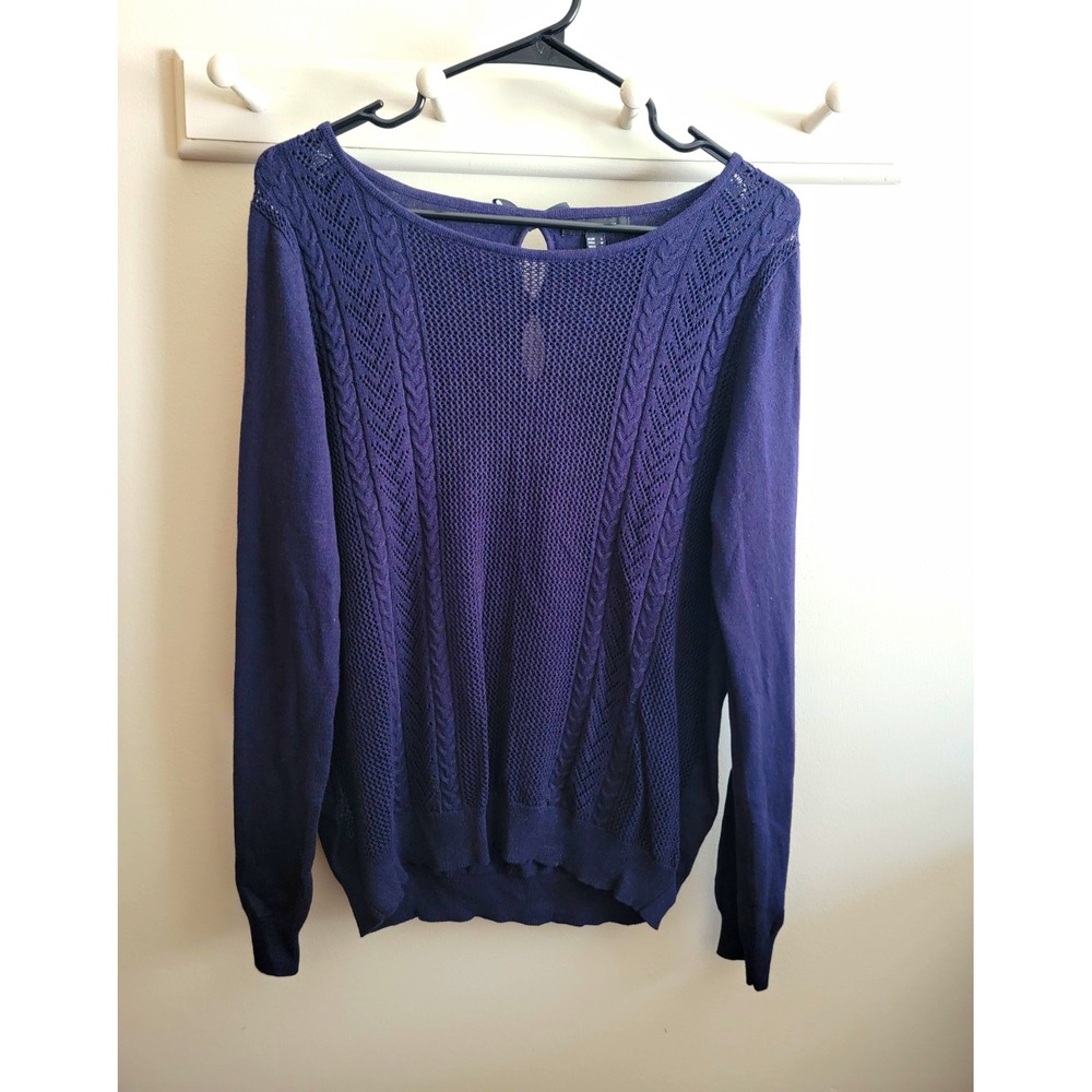 MNG Basics Mango Women's Navy L/S Sweater Medium Keyhole Bow Classic Cotton Wool